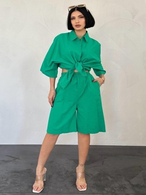 Efnaz Style Yeşil Kısa Kollu Keten Gömlek ve Şort Takım