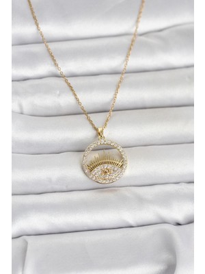 Epilons 316L Çelik Gold Renk Zirkon Taşlı Göz Model Kadın Kolye - TJ-BKO11046