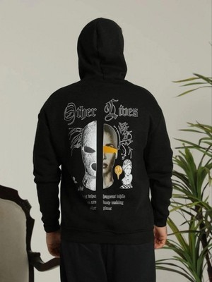 Efnaz Style Erkek Kapşonlu Sweatshirt – Oversize Üç Iplik Şardonlu Hoodie, “other Lives” Ön - Arka Baskılı, Kanguru Cepli, Kışlık Rahat Günlük Stil - Siyah