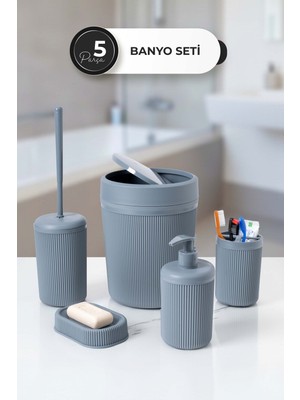 PremiumPort 5 Parça Gri Plastik Banyo Seti: Çöp Kovası, Fırça, Sabunluk, Diş Fırçalık