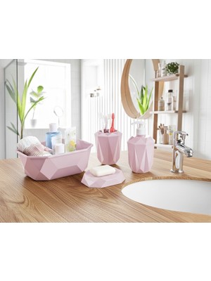PremiumPort Geometrik Tasarımlı 4’lü Banyo Seti, Sabunluk, Diş Fırçalık ve Sıvı Sabunluk