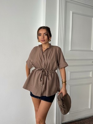 Efnaz Style Bel Büzgü Detaylı Poplin Gömlek - Kahverengi
