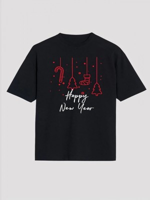 Efnaz Style Happy New Year Baskılı T-Shirt - Siyah