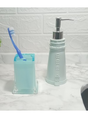 PremiumPort Banyo Seti, Sıvı Sabunluk ve Diş Fırçalık, Deniz Feneri ve Buz Mavi Renkli