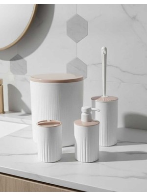 PremiumPort Beyaz 4'lü Banyo Aksesuar Seti: Çöp Kovası, Sıvı Sabunluk, Diş Fırçalık, Wc Fırçası