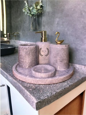 PremiumPort Şık 5'li Mermer Desenli Banyo Seti, Modern ve Kullanışlı Tasarım