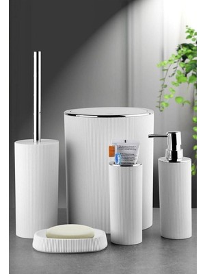 PremiumPort 5 Parça Çizgili Banyo Seti: Çöp Kovası, Sabunluk, Diş Fırçalık, Tuvalet Fırçası