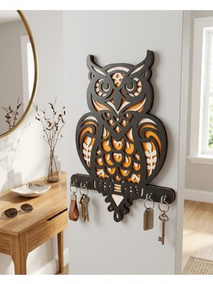 Özgürce 3D Mandala Baykuş Figürlü Çok Katmanlı Ahşap Anahtarlık ve Anahtar Panosu