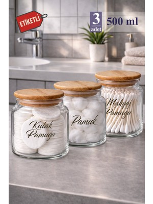 PremiumPort 3'lü Ahşap Top Kapaklı 500 ml Cam Pamukluk Seti, Şık ve Dayanıklı