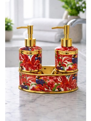 PremiumPort Gold Lüks 2'li Sıvı Sabunluk Seti, Dekoratif Mutfak ve Banyo Aksesuarları
