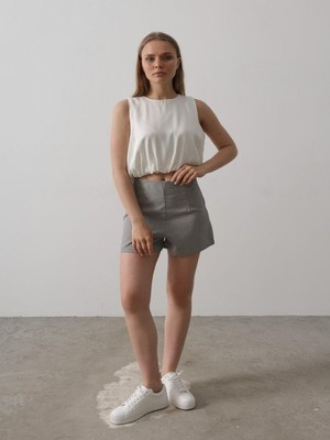 Efnaz Style Saten Kolsuz Belki Lastikli Bluz - Ekru
