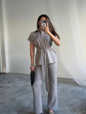 Efnaz Style Çizgili Polyviskon Bluz - Pantolon Takım - Gri