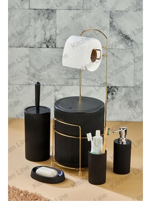 PremiumPort Şık 6 Parça Banyo Seti Metal Standlı Çöp Kovası ve Tuvalet Fırçası