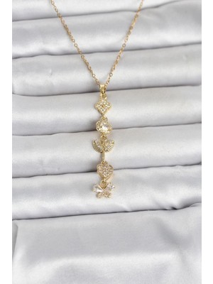 Epilons 316L Çelik Gold Renk Şans Kolyesi Y Model Zirkon Taşlı Kadın Kolye - TJ-BKO11050
