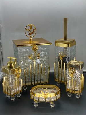 PremiumPort Özel Tasarım Gold Japongül Pirinç 5'li Cam Banyo Seti