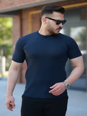 Efnaz Style Erkek Bisiklet Yaka Örgü Desenli Kısa Örme Triko Kısa Kollu T-Shirt