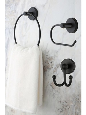 PremiumPort Siyah Yuvarlak Havluluklu 3'lü Set, Pratik ve Şık Banyo Aksesuarı