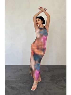 Efnaz Style Bej Batik Desenli Elbise