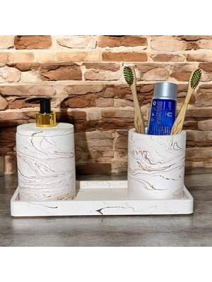 PremiumPort Şık Mermer Desenli Beton Banyo Aksesuar Seti (3 Parça)