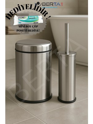 PremiumPort Pratik Metal Kapak Çöp Kovası ve Tuvalet Fırçası Banyo Seti, Mini Poşet Hediyeli
