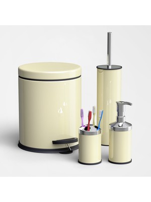 PremiumPort 4'lü Banyo Seti, 3 Lt Metal Çöp Kovası Takımı, Krem Renk