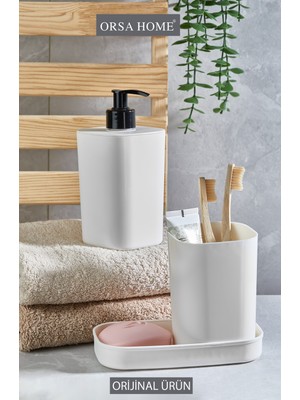 PremiumPort Beyaz 3'lü Banyo Seti, Sabunluk, Diş Fırçalık ve Sıvı Sabunluk