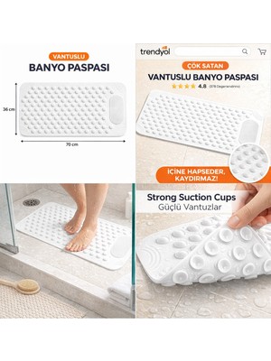PremiumPort Su Kaydırmaz Paspası, Banyo ve Duş Için Güvenli 70X36 cm Beyaz