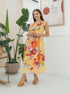 Efnaz Style Sarı Çiçek Desenli Yazlık Elbise