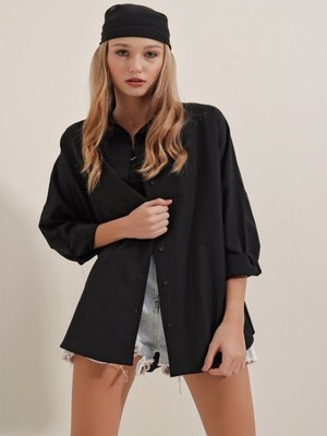 Efnaz Style Siyah Oversize Uzun Basic Gömlek 3900
