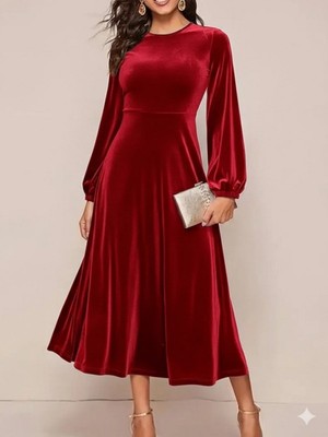 Efnaz Style Kadın Uzun Kollu Bisiklet Yaka Midi Kadife Elbise
