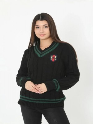 Efnaz Style V Yaka Örgülü Kazak - Siyah