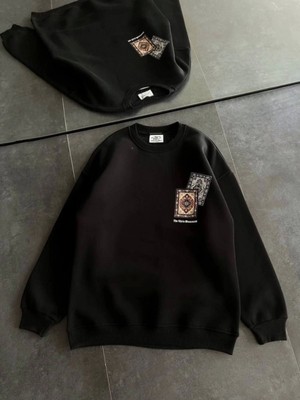Efnaz Style Bisiklet Yaka Baskılı Sweatshirt - Siyah