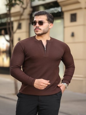 Efnaz Style Erkek Fermuarlı Bisiklet Yaka Dokulu Uzun Kollu Triko