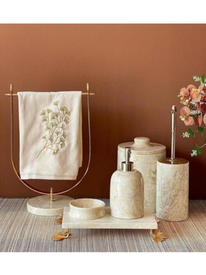 PremiumPort Bej Mermer Gold Ginko 6'lı Banyo Seti, Şık ve Zarif Tasarım