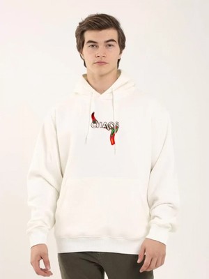 Efnaz Style Unisex Baskılı Oversize Üç Iplik Kapüşonlu Sweatshirt - Beyaz