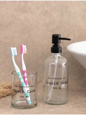 PremiumPort Şık Slogan Baskılı Cam Banyo Seti, 2'li, Modern ve Zarif Tasarım