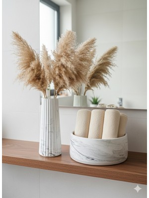 PremiumPort Mermer Desenli Banyo Seti, Vazo ve Havluluk, Antrasit Gri Detaylı