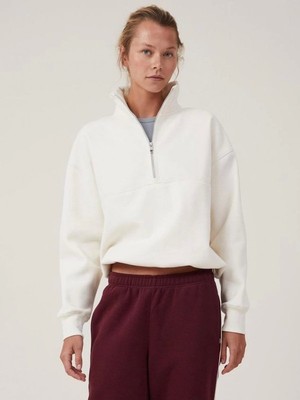 Efnaz Style Oversize Yarım Farmuarlı Yakalı Basic Sweatshirt - Beyaz