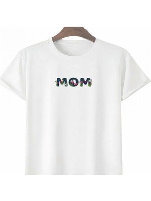 Efnaz Style Anneler Gününe Özel Tasarım Mom Çiçek Baskılı T-Shirt - Beyaz