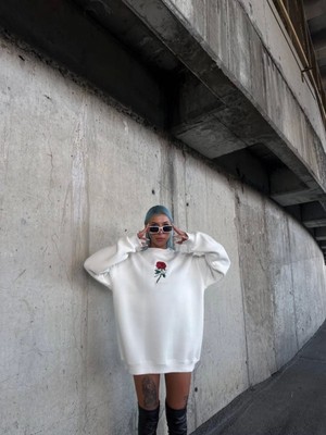 Efnaz Style Oversize Üç Iplik Bisiklet Yaka Baskılı Sweatshirt - Beyaz