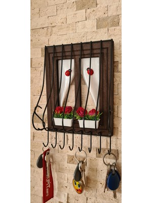 Özgürce Ahşap Pencere Modeli Çiçek Saksılı Tesbih Askısı, Kahverengi 21X16CM
