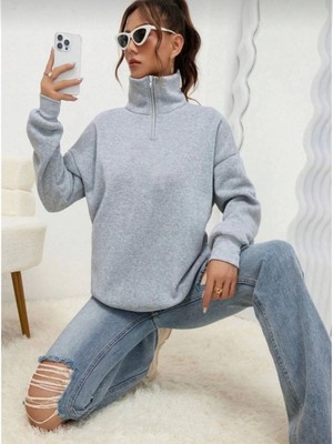 Efnaz Style Unisex Uzun Kol Yarım Farmuarlı Yakalı Basic Sweatshirt - Gri