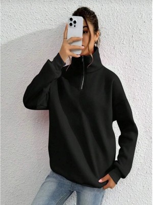 Efnaz Style Unisex Uzun Kol Yarım Farmuarlı Yakalı Basic Sweatshirt - Siyah