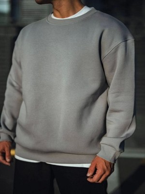 Efnaz Style Kışlık Bisiklet Yaka Üç Iplik Basic Sweatshirt - Boyalı Gri