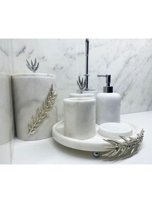 PremiumPort Beyaz Mermer ve Gümüş Zeytin Dalı Detaylı 7'li Banyo Seti