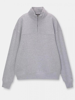 Efnaz Style Oversize Yarım Farmuarlı Yakalı Basic Sweatshirt - Gri
