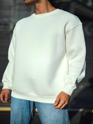 Efnaz Style Kışlık Bisiklet Yaka Üç Iplik Basic Sweatshirt - Beyaz