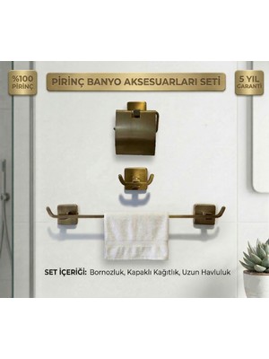 PremiumPort Şık Antik Paslanmaz Pirinç Banyo Seti, Mat Gold, Uzun Havluluk, Tuvalet Kağıtlık, Bornozluk