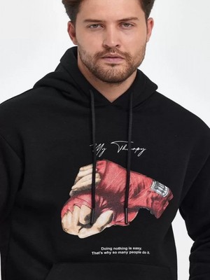 Efnaz Style Unisex Kapüşonlu Üç Iplik Oversize Baskılı Sweatshirt - Siyah