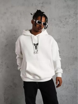 Efnaz Style Unisex Sırt Baskılı Kapüşonlu Üç Iplik Oversize Sweatshirt - Beyaz